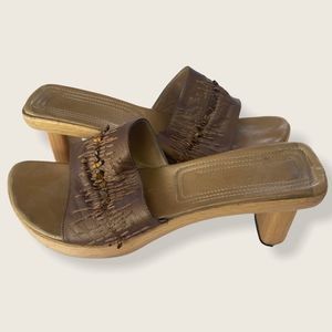 COLE HAAN Women's Resort Black Label Bronze Leather Wood Clog Slides high heels